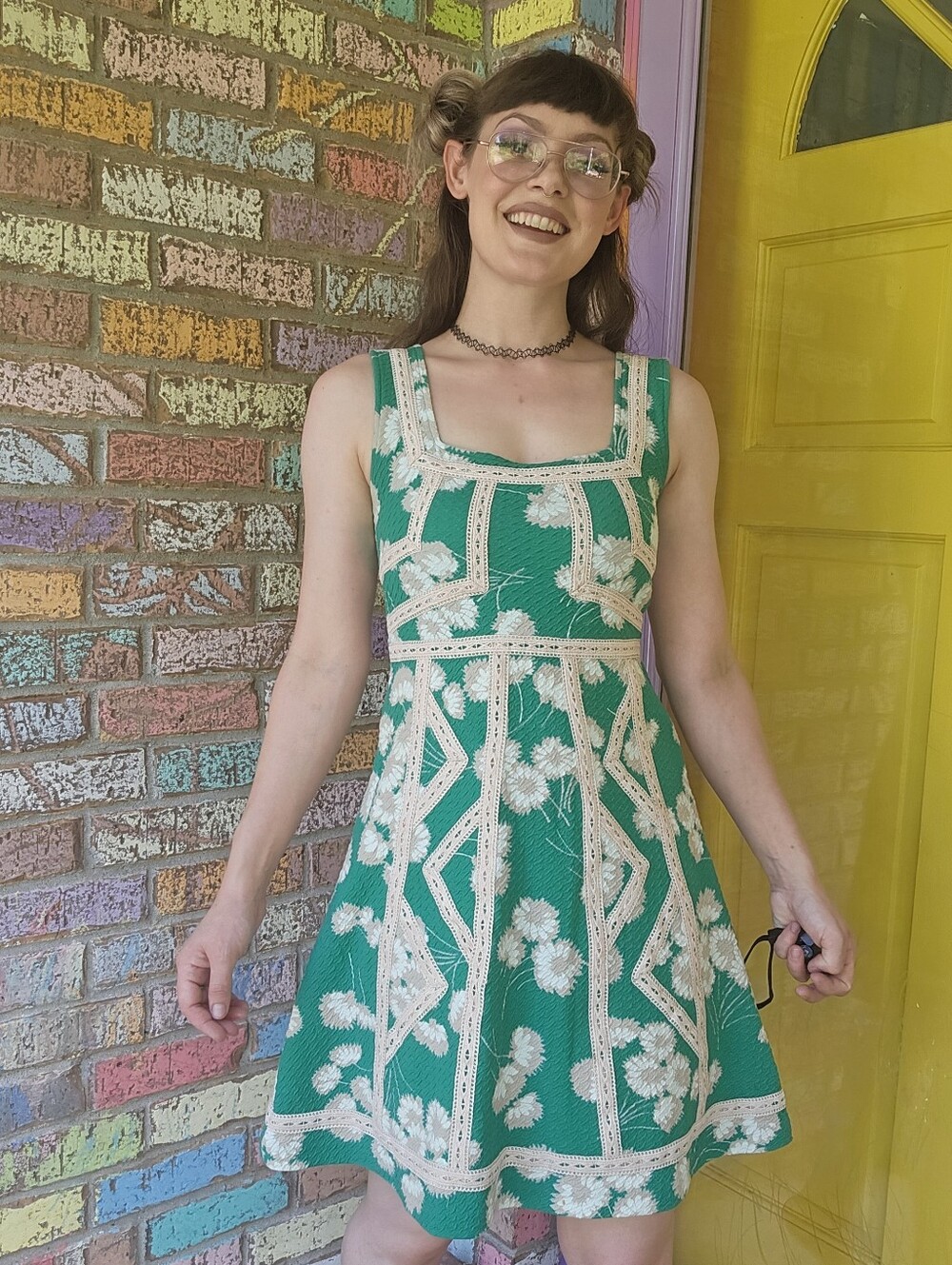 Anthropologie Maeve Emma Green Floral Embroidered Tank Dress with Cream Trim